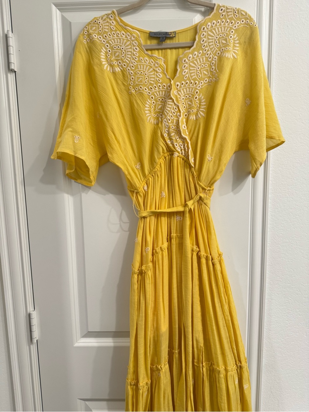 fig and flower Yellow Embroidered Tie-Waist Maxi Dress